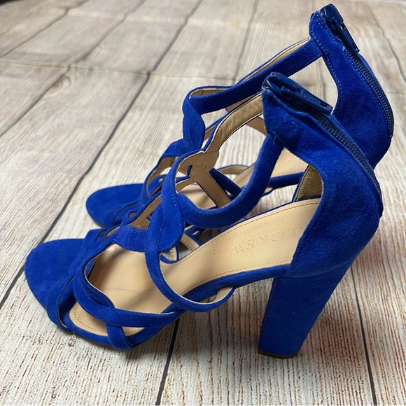 J Crew Geometric Strappy High Heel Sandals Blue Suede Made in Italy Sz 6 - Picture 6 of 11